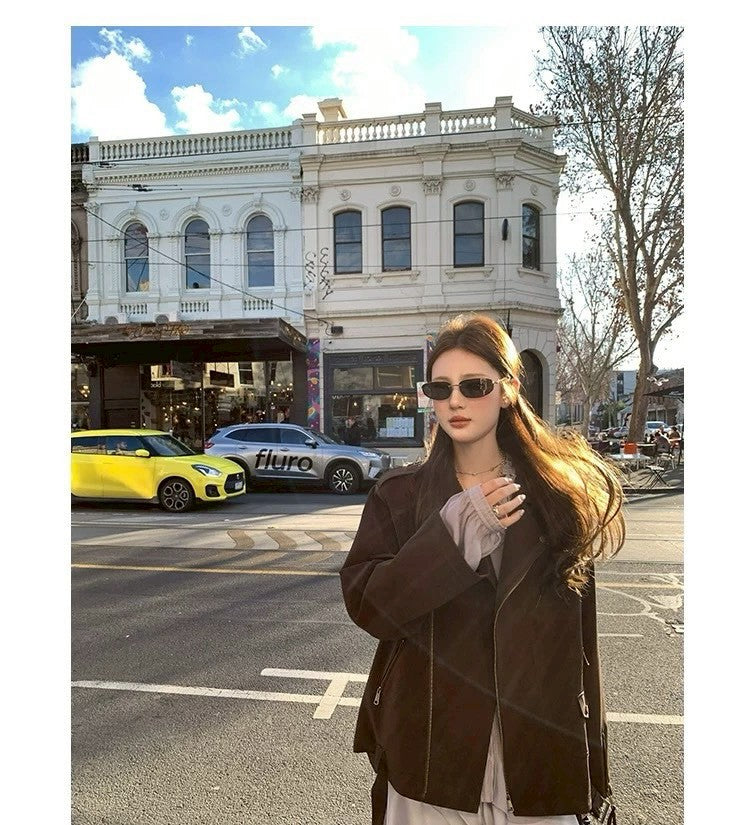 Thu. 博西雅重工時髦休閒皮衣夾克 棕