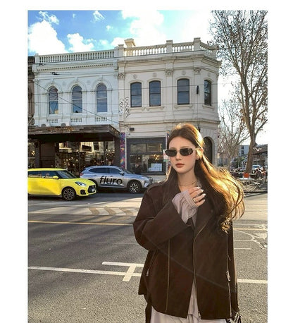 Thu. 博西雅重工時髦休閒皮衣夾克 棕