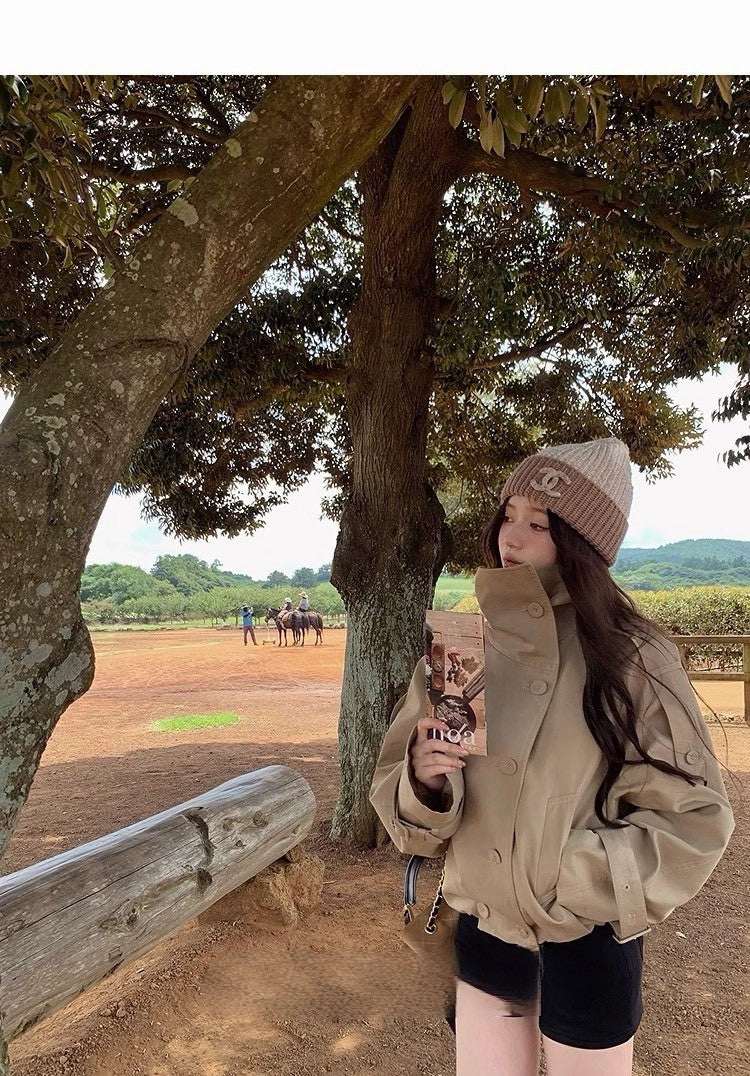 Tue. 英倫萊賽韓系翻領雙排扣風衣 卡其