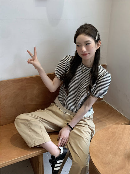 Wed. 編織流蘇繞邊條紋上衣