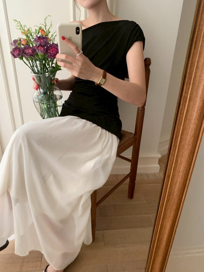 Mon. 韓chic高級斜肩黑白拼接連身裙