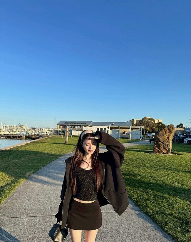 Fri. 美式慵懶妮味蕾絲V領背心外套2件套 碎花