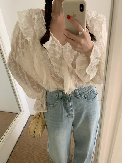 Mon. 氣質慵懶鄰家木耳邊襯衫（透視感）