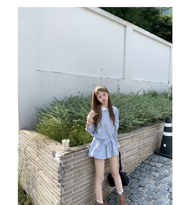 Tue. 冷調錫藍格紋花苞裙套裝