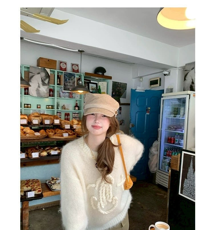 Tue. 昆丁少女圓領麻繩編針織上衣 米