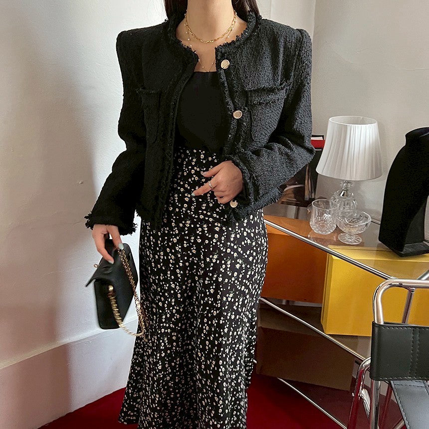 Thu. 小香粗呢鬚邊廓形西裝外套 白/黑