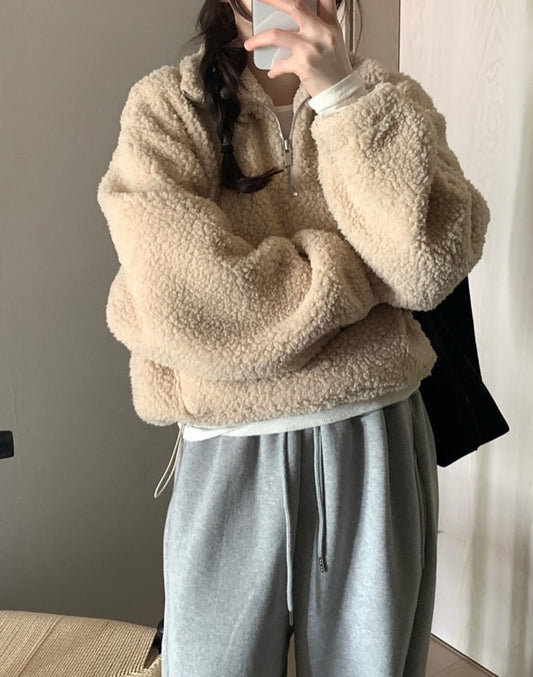 Fri. 鬆弛感n+泰迪毛毛立領毛衣 卡其/咖色