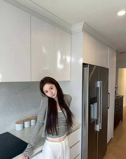 Fri. 美式慵懶妮味蕾絲V領背心外套2件套 條紋