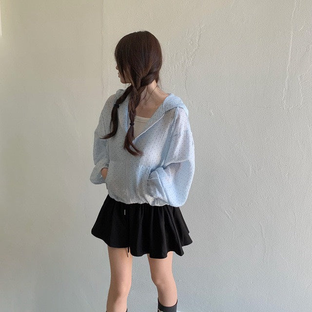 Tue. 日漫少女可愛連帽波點拉鏈外套 藍