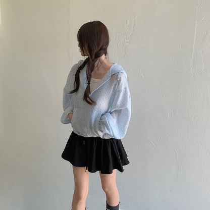 Tue. 日漫少女可愛連帽波點拉鏈外套 藍