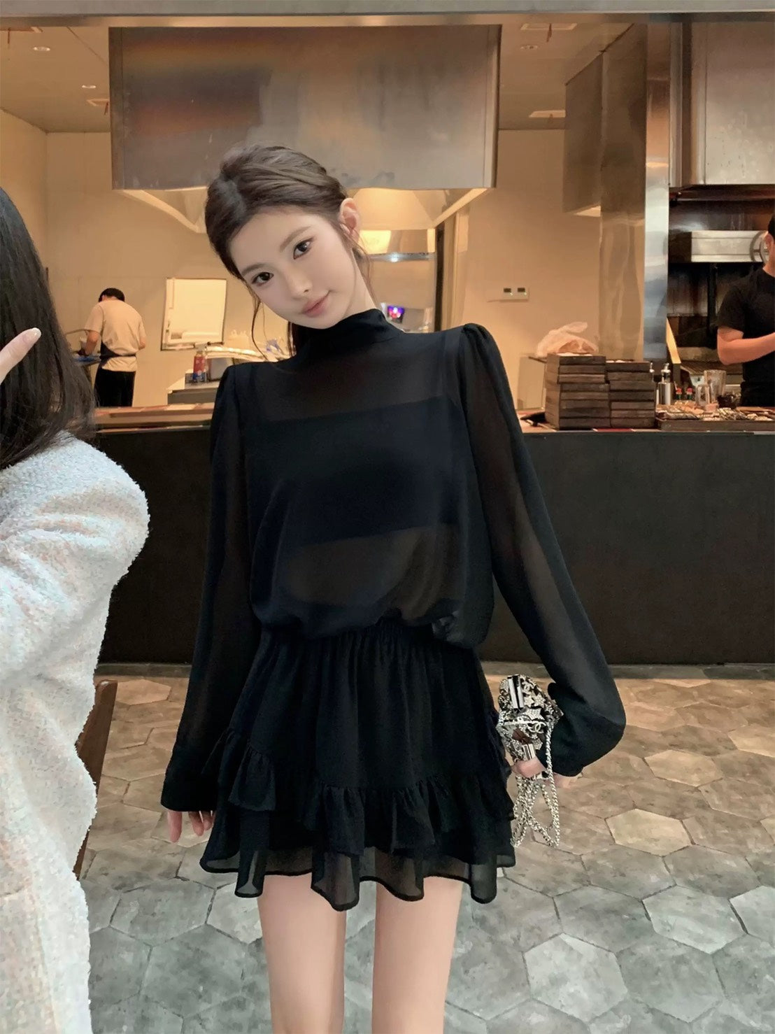 Thu. 屋頂Y*L Rose風長袖雪紡上衣2件組 荷葉半身裙 黑