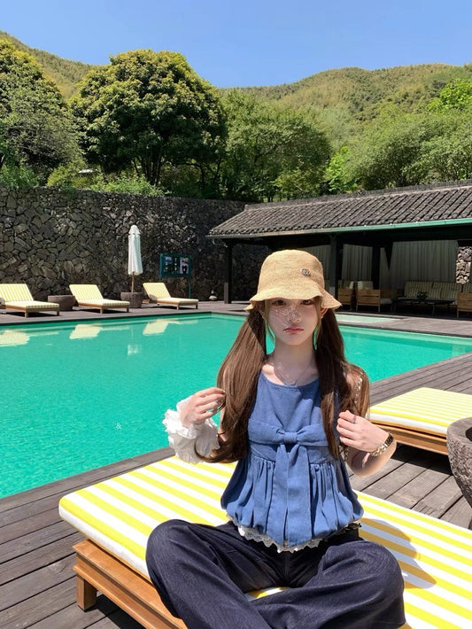 Mon. 海島碎片蝴蝶拼接牛仔背心上衣