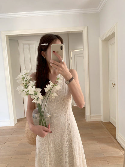 Mon. 韓系氣質蕾絲鉤花紗雙層透視連身裙