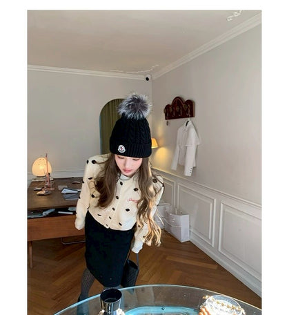 Tue. 雪夜遊樂園韓系波點撞色針織外套 白/黑