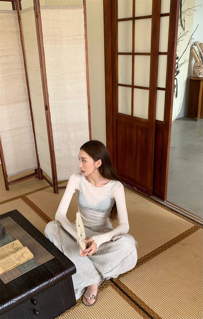 Wed. 線條塗鴉花邊打底衣 休閒褲 米色/黑