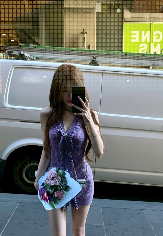 Mon. 女神一眼頂美V領緊身針織連身裙 紫