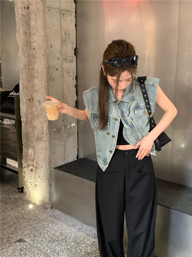 Thu. 不對稱單扣繞繩無袖牛仔外套