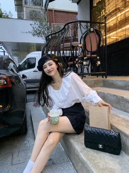 Sat. 氣質蕾絲拼接領上衣 白