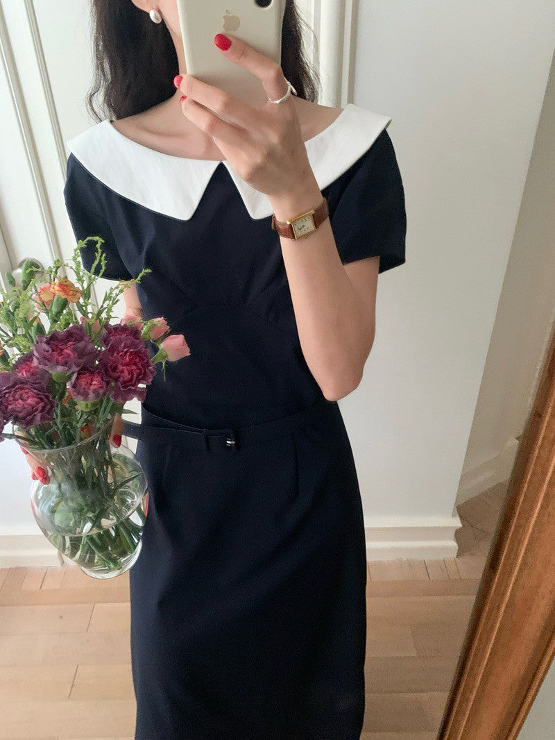 Mon. 優雅珍妮一字撞色領收腰連身裙