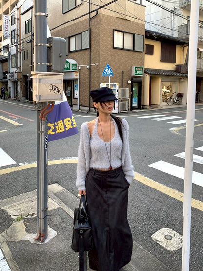 Mon. 歐美水貂毛鬆弛感上衣2件套 米/灰