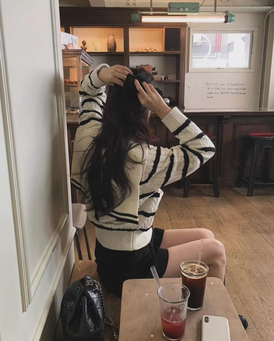 Mon. 慵懶C位海軍領條紋2穿針織外套