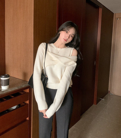 Mon. 辦公通勤 假兩件式甜美露肩針織上衣 米