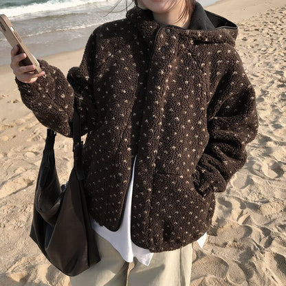 Fri. 熱呼便利店愛心波點羊羔毛連帽外套 咖/灰