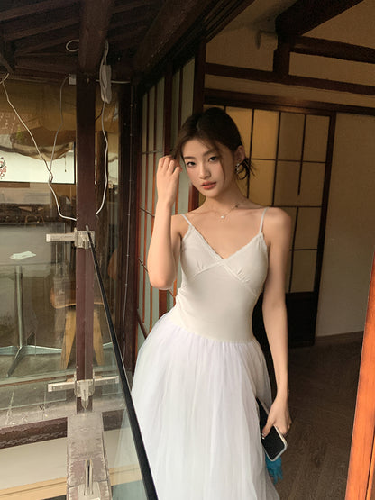 Sun. 芭蕾網紗拼接連身裙 白