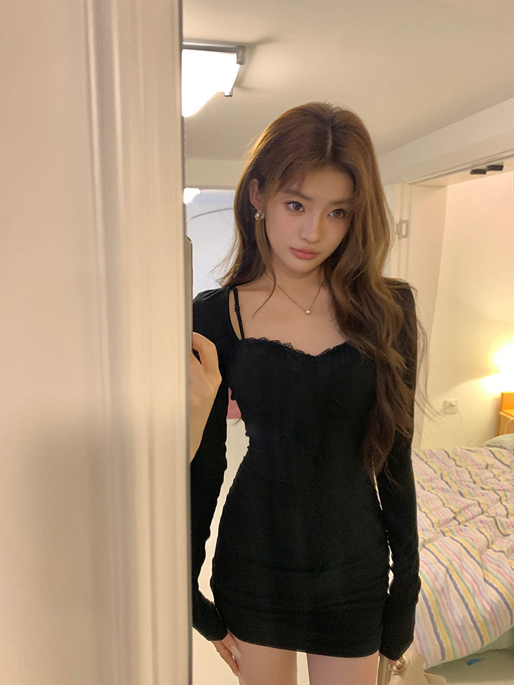 Wed. 蕾絲馬甲拼接打底連身裙 黑