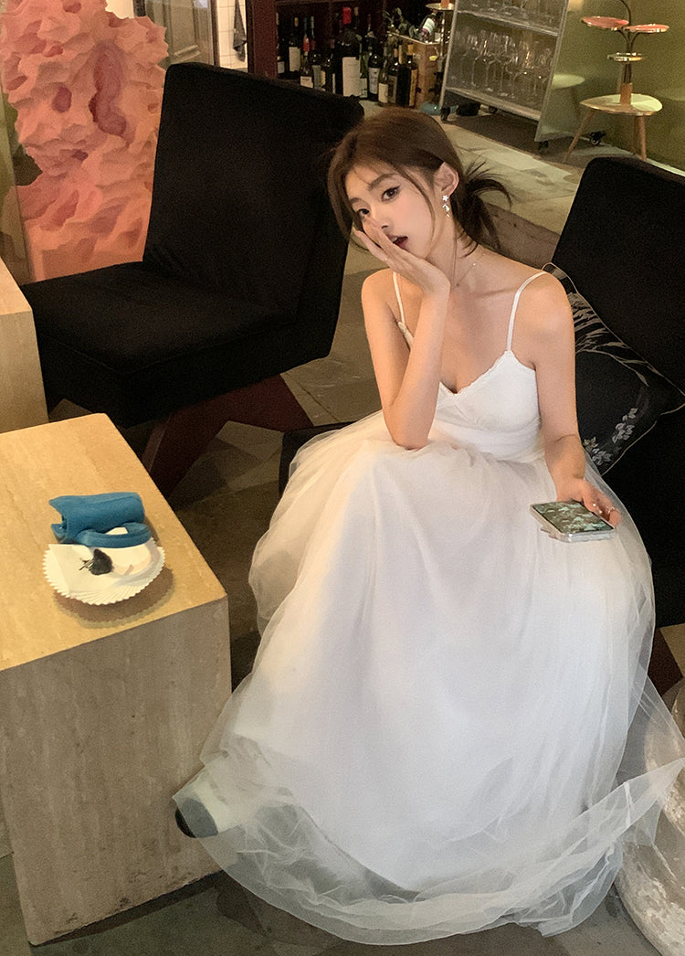 Sun. 芭蕾網紗拼接連身裙 白