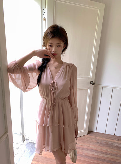Thu. 長袖燈籠氣質短洋裝 粉