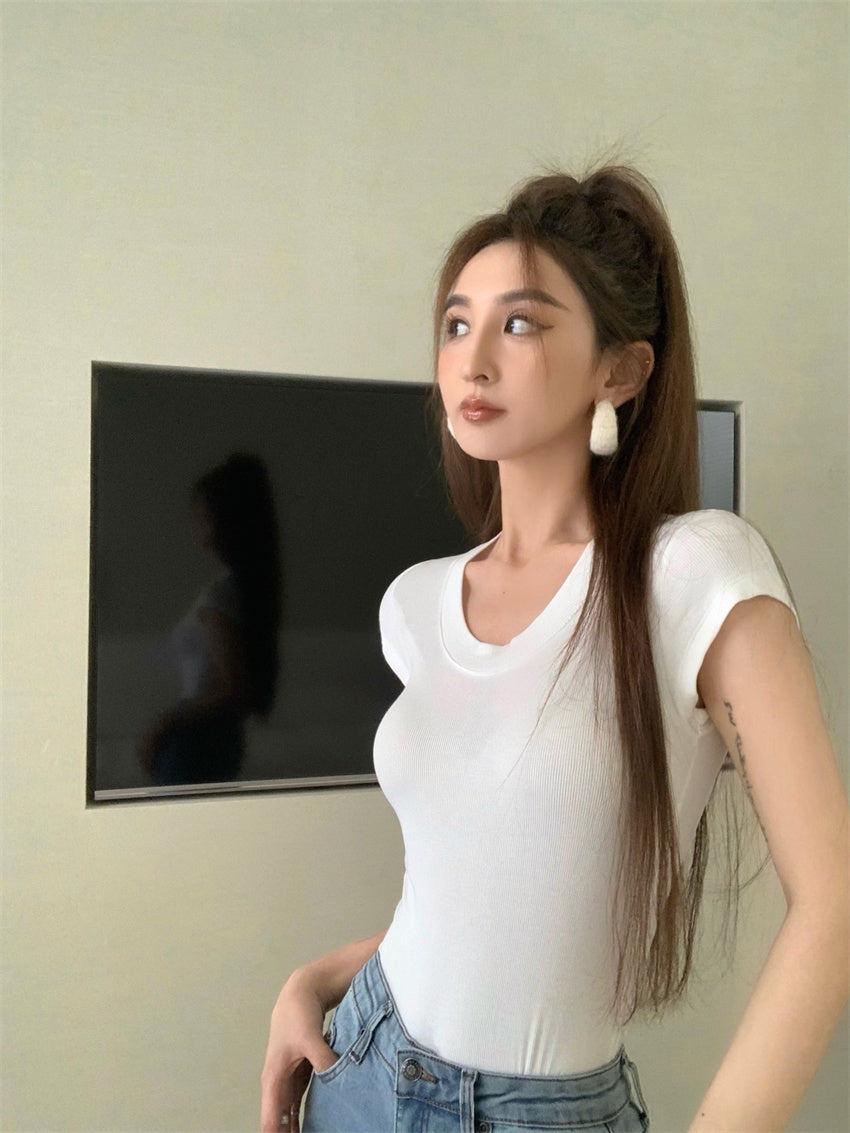 Mon. 美式正肩螺紋上衣 白