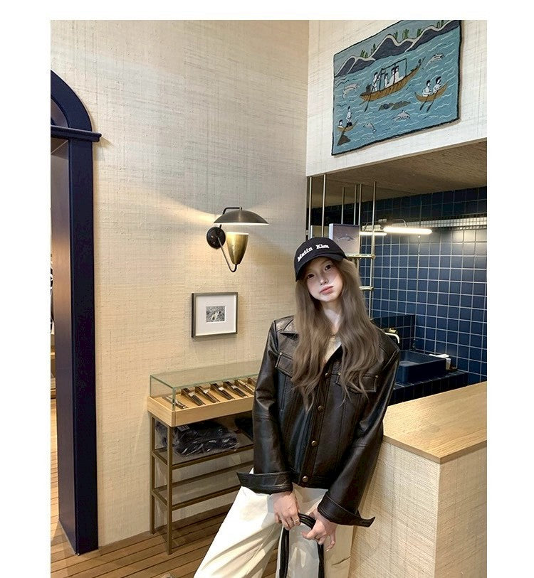 Thu. 黑皮手冊翻領中短款修身皮革外套