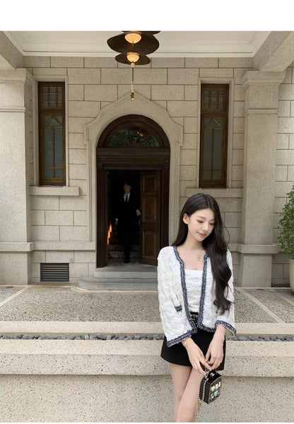 Thu. 小香特種紗牛仔藍撞色針織背心外套2件組