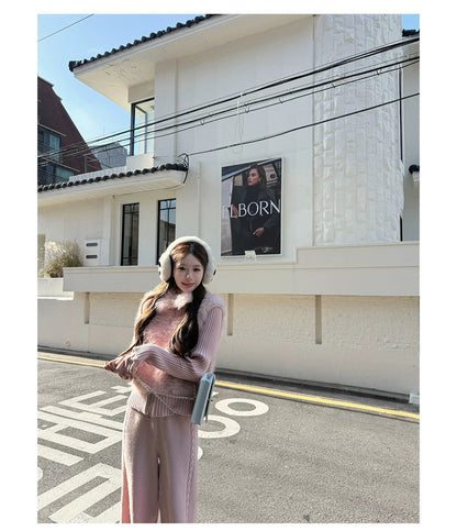 Mon. 元英白月光 韓女慵懶斜肩針織套裝 粉