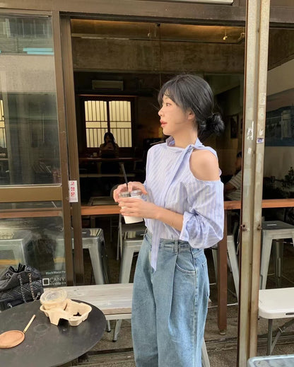 Mon. 復古韓早春條紋綁帶露肩上衣 藍