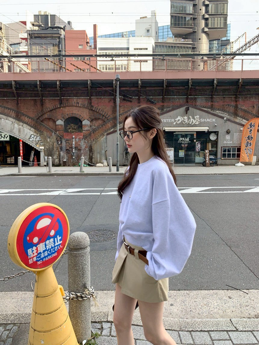 Fri. 休閒慵懶圓領衛衣 韓版百搭褲裙 花灰卡褲