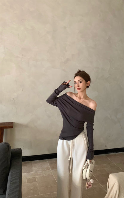 Wed. 慵懶氣質一字肩針織上衣 紫灰