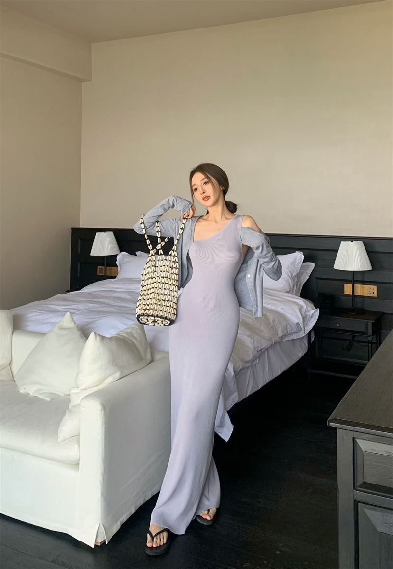 Wed. 時髦 低飽和紫羅蘭斜肩連身裙 花灰罩衫