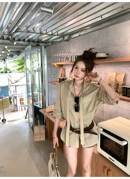 Mon. 復古蘇黎世繫帶式卡其襯衫