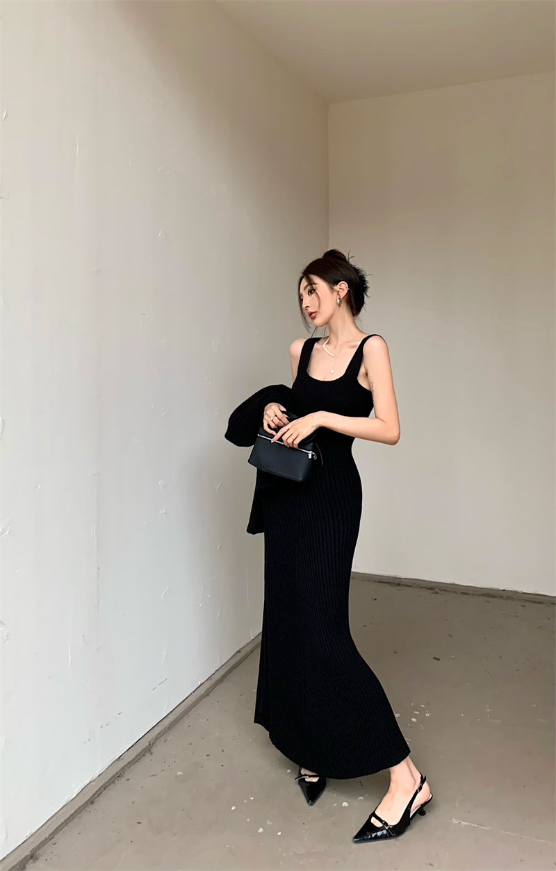 Wed. 優雅法式收腰針織開衫 方領連身裙 黑
