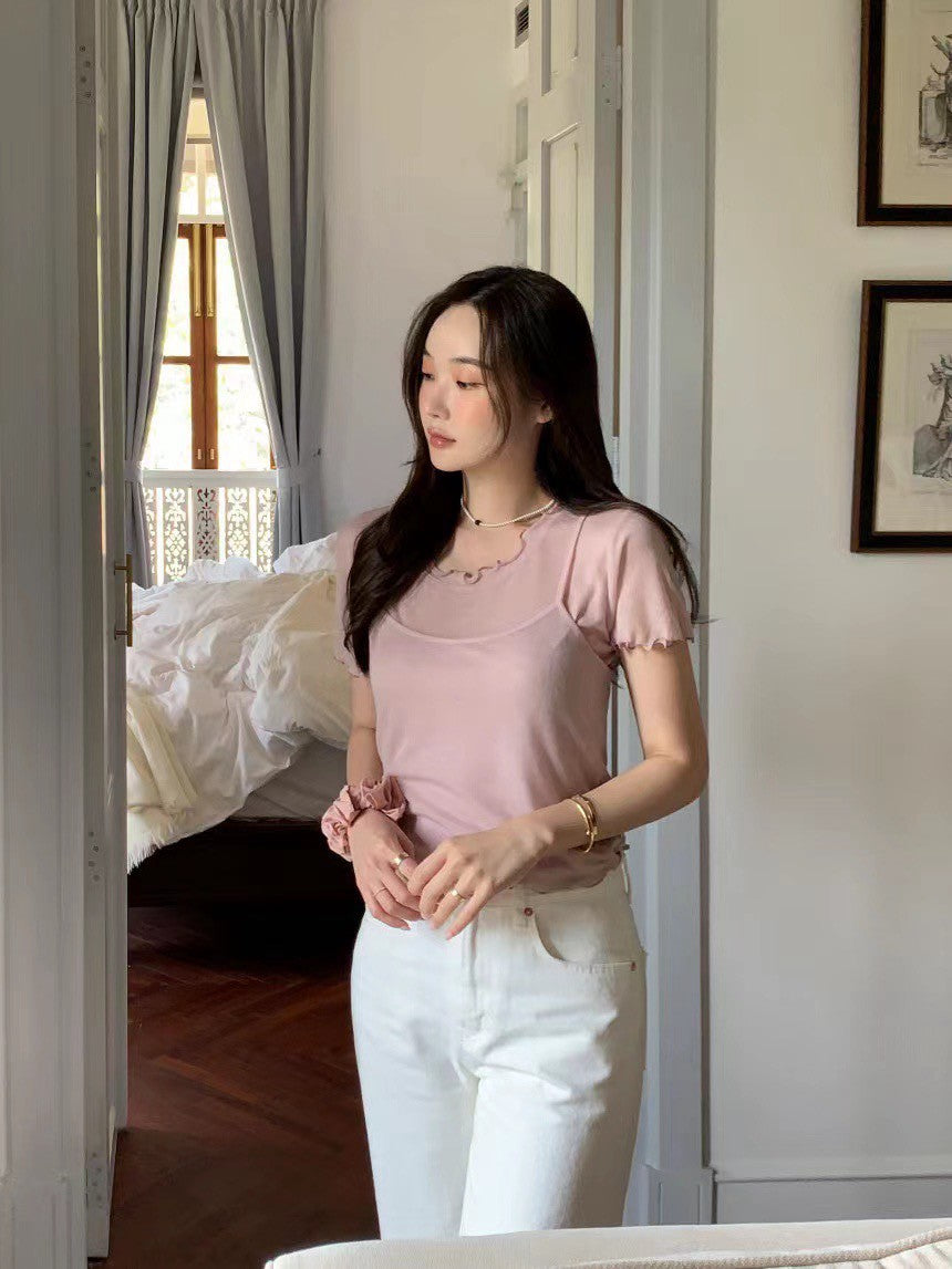 Thu. 顯嫩少女波浪袖兩件式疊穿上衣 米白/粉色