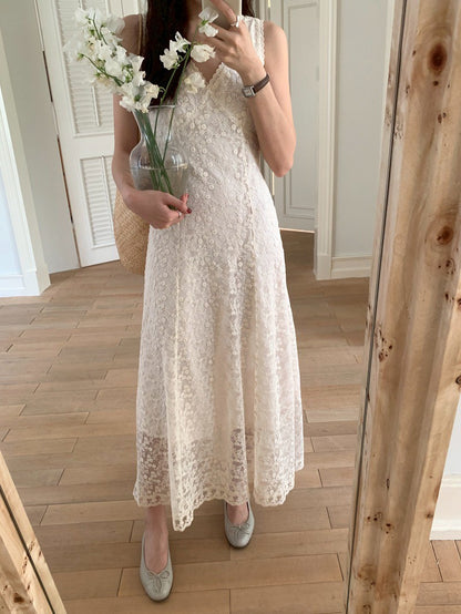 Mon. 韓系氣質蕾絲鉤花紗雙層透視連身裙