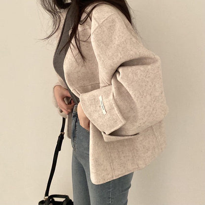 Mon. 氣質慵懶寬鬆毛呢外套 燕麥/深咖