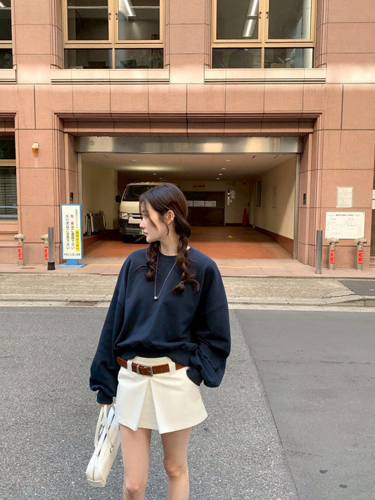 Fri. 休閒慵懶圓領衛衣 韓版百搭褲裙 藍衣白褲