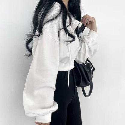 Mon. 元氣女孩百搭連帽短款上衣 白/黑（加購不單售）