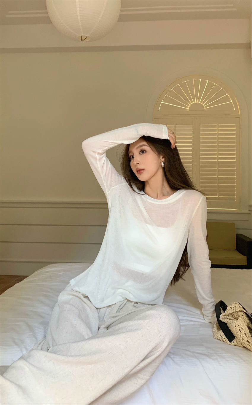 Mon. 透視感上衣 & 落地休閒褲 奶白