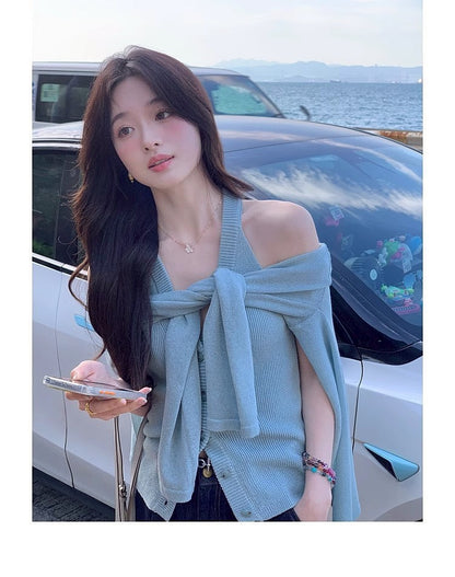 Thu. 自由領落仿天絲亞麻針織上衣2件套 鹽藍