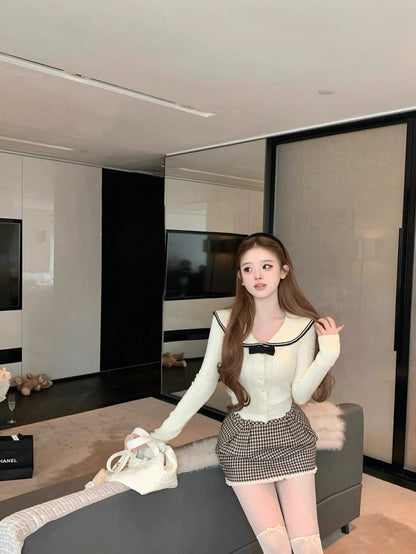 Tue. 韓女冬日海軍風撞色針織上衣 千鳥格紋裙