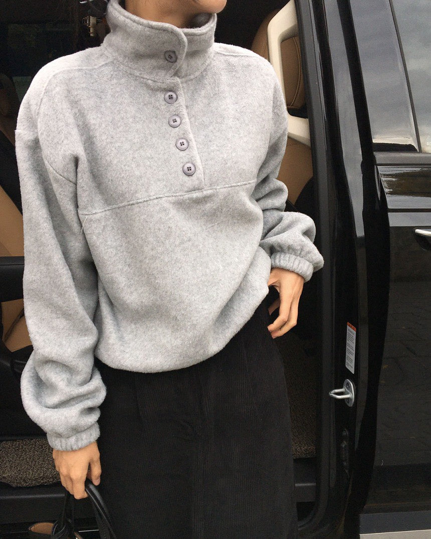 Mon. 日系氛圍鈕扣領慵懶長袖上衣 灰/咖